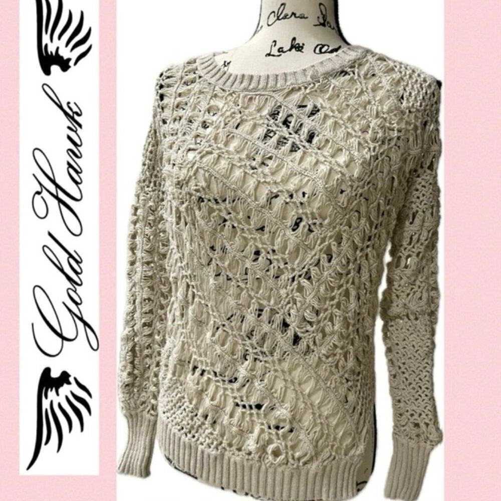 GOLD HAWK SWEATER KNITTED‎ CROCHET OPEN SHOULDER SIZE XS AESTHETIC COTTAGECORE